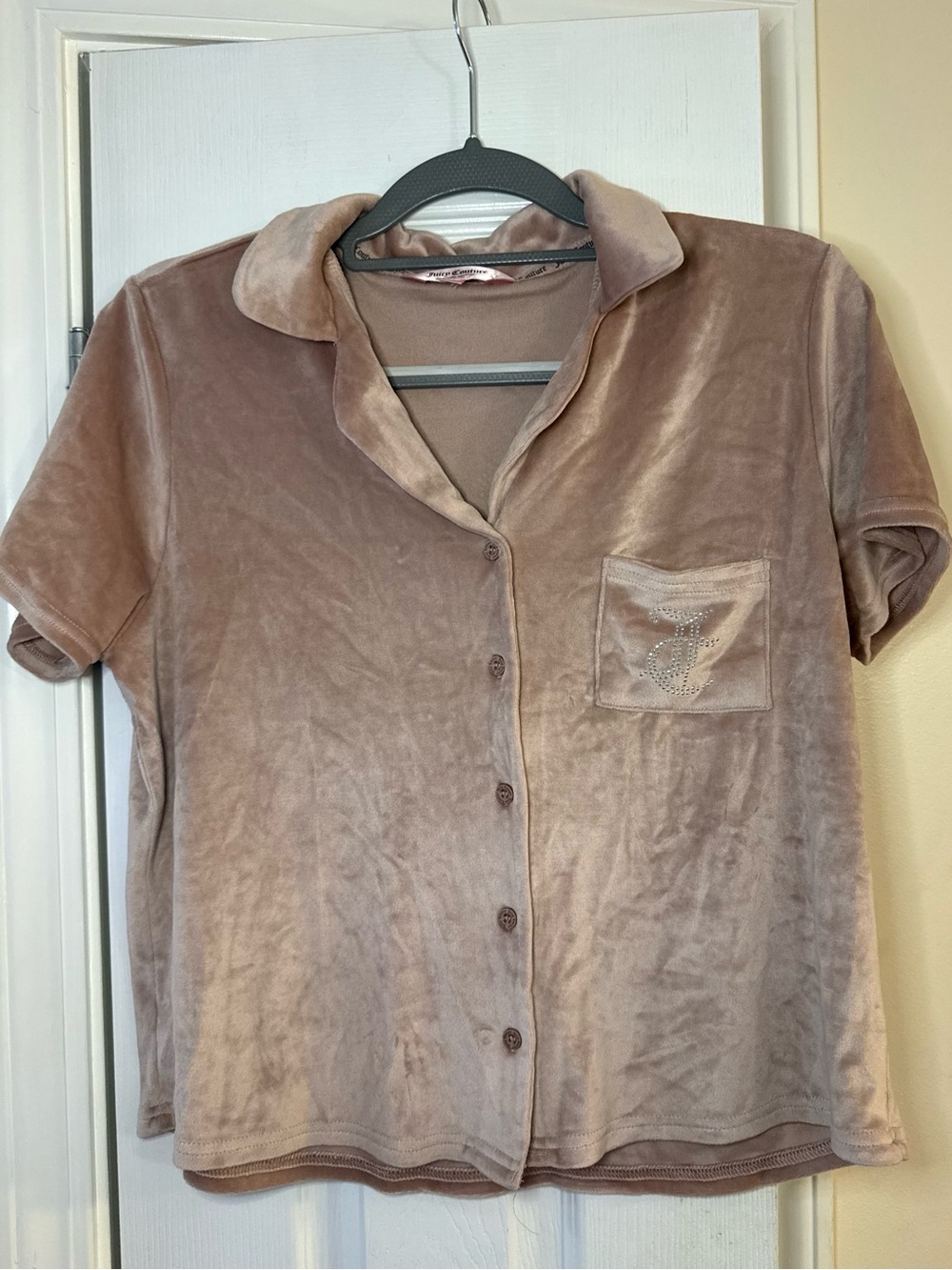 Juicy Couture Velour Button Front Sleep Shirt Pink Rhinestone Logo Large
